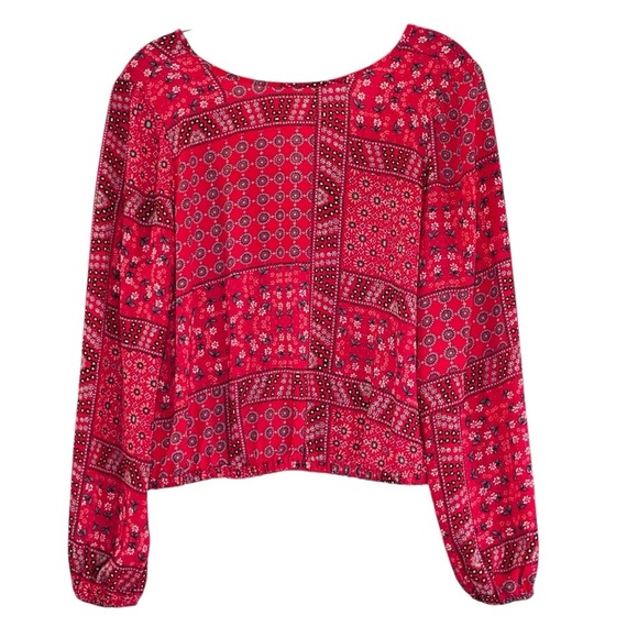 Loft Floral mosaic, Low V Back Blouse  XS Pink Multi Patchwork Boho Crop - Picture 2 of 13